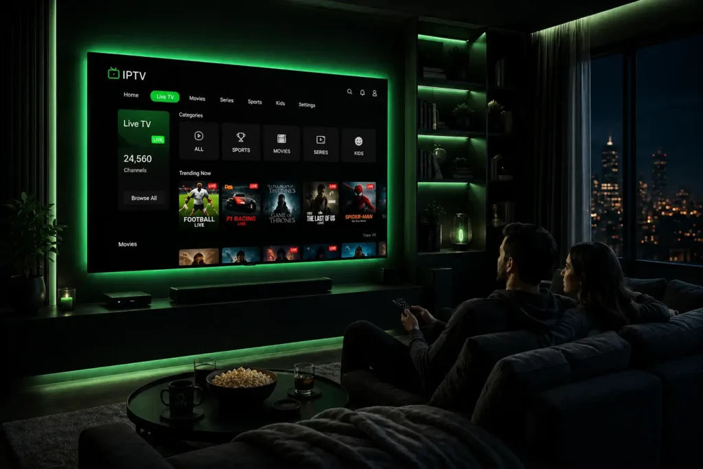 Paar genießt flüssiges 4K-Streaming auf dem Smart-TV – das Top-Angebot für alle, die das best IPTV kaufen möchten in Deutschland.