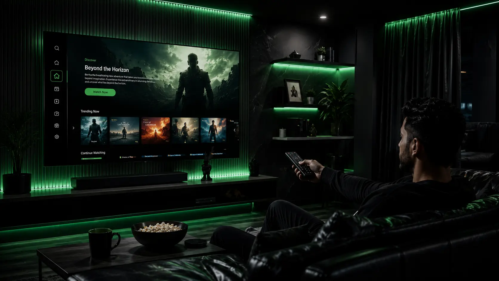 Mann genießt entspannt Premium-Entertainment auf seinem Smart-TV im Wohnzimmer – erleben Sie höchste Qualität und null Pufferung, wenn Sie bei uns das best IPTV kaufen.